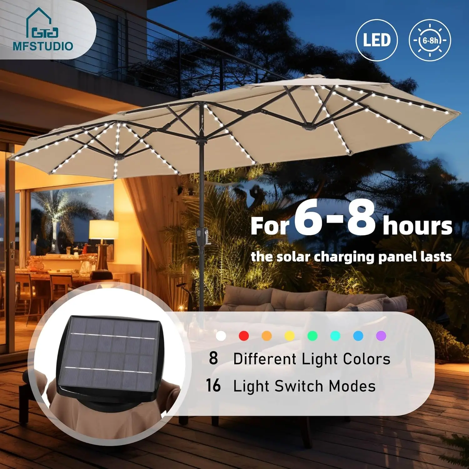 Ombrellone da patio bifacciale da 13 piedi con luci solari, ombrelloni rettangolari da tavolo da esterno con 120 luci a LED, manovella