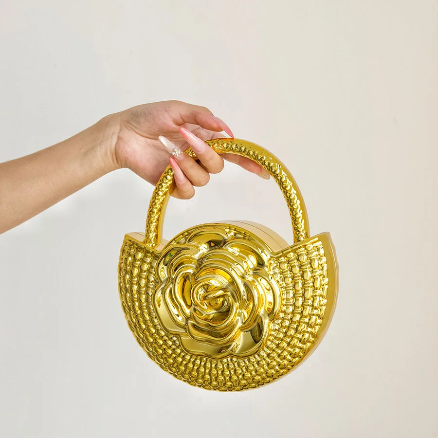 Light luxury metal hand bag, three-dimensional camellia relief delicate texture, gorgeous and exquisite dinner bag