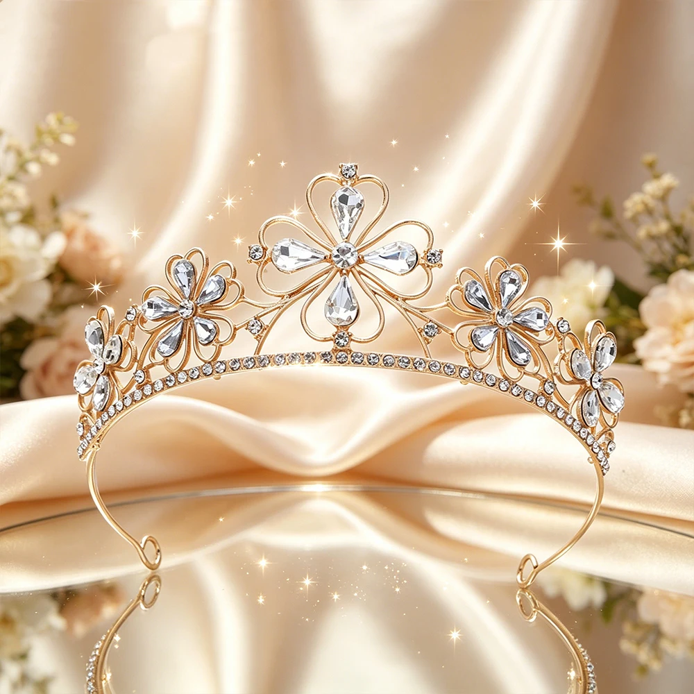 Baroque Four-Leaf Flower Crystal Bridal Tiara Sparkling Rhinestone Floral Queen Crown Elegant Royal Headpiece Wedding Birthday view 4