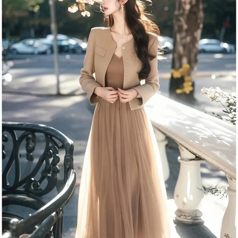 

New Light Luxury Fashion Autumn Two Piece Set Women High end Elegant O-neck Long Sleeve Blazer + Slim Dress Suit Office Lady
