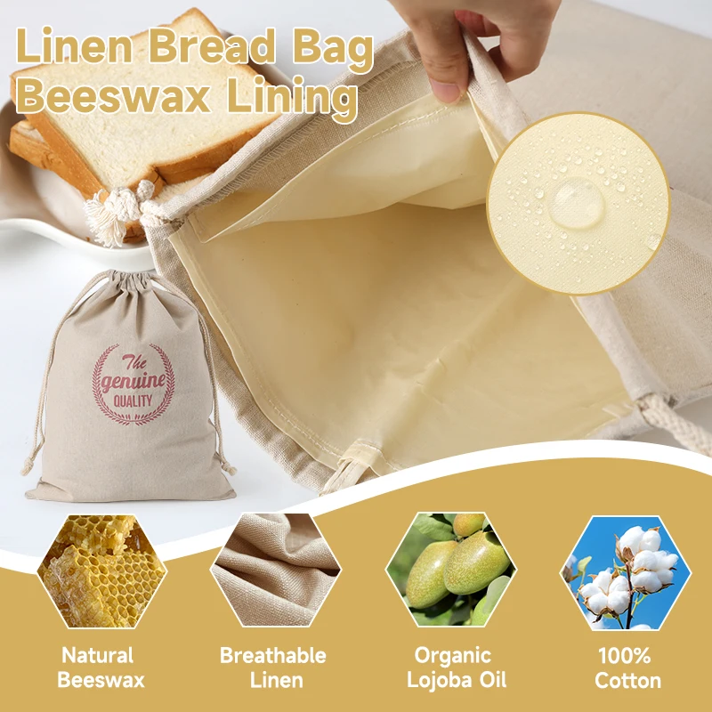 WEEDI 2PCS Beeswax Linen Bread Bags For Sourdough Bread, Washable, Removable Lining, Fresh Over 1 Week, Reusable Bread Bag