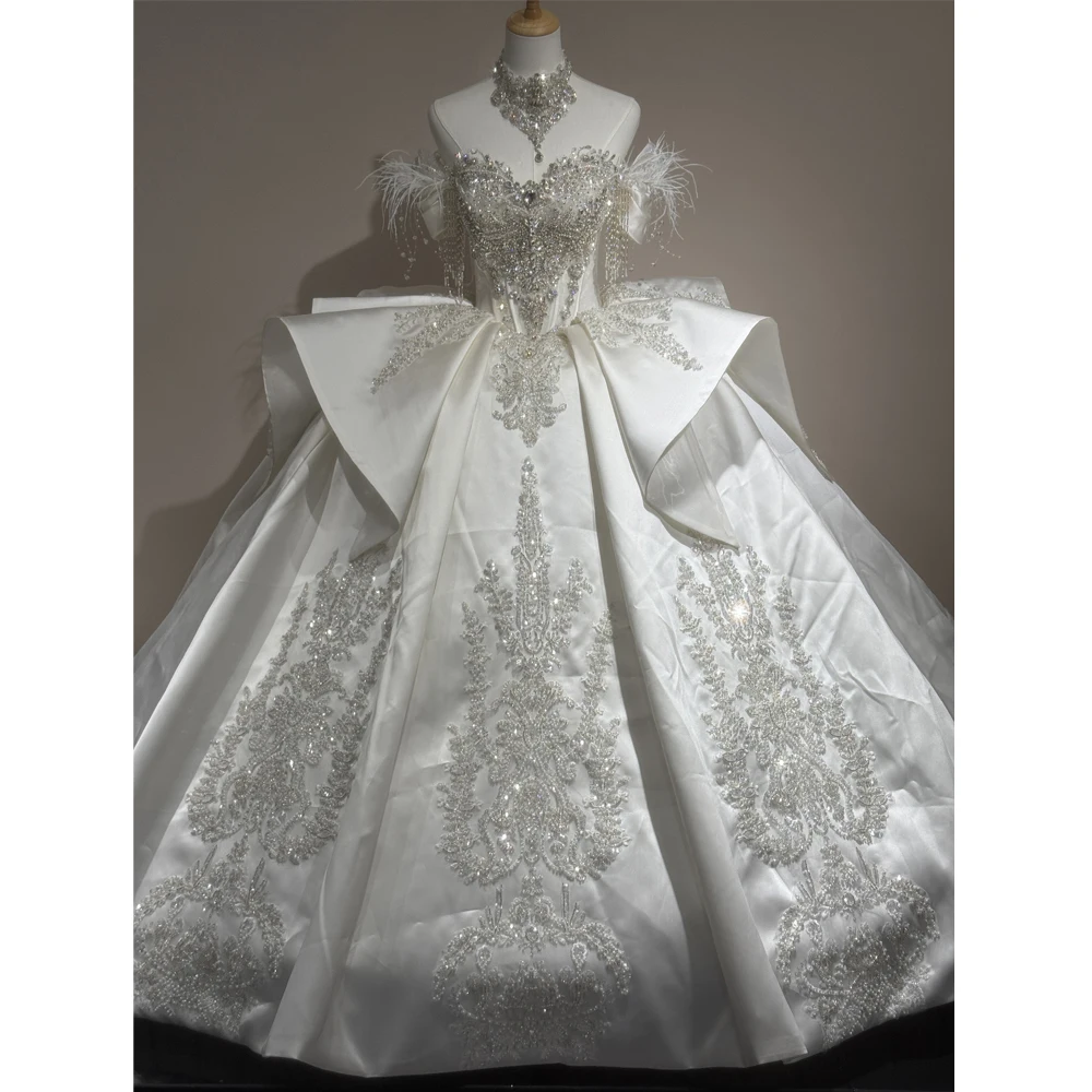 Satin Wedding Dresses Bride Rhinestone Off The Shoulder Ball Gown Long Train Vestidos Novias 2027 With Necklace