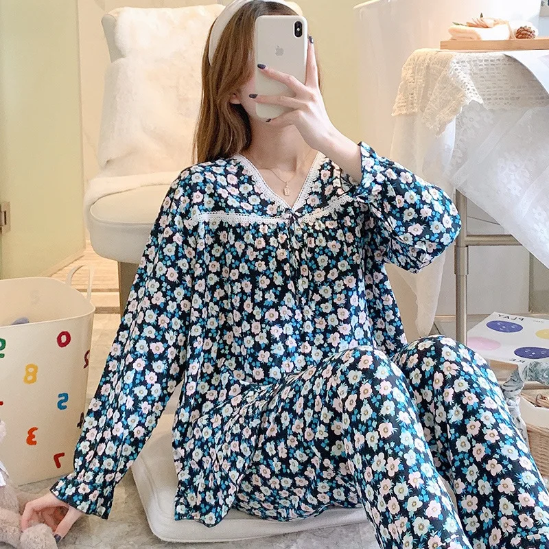 

10 Pajamas Women Spring Autumn Floral Cotton Silk Home Clothes