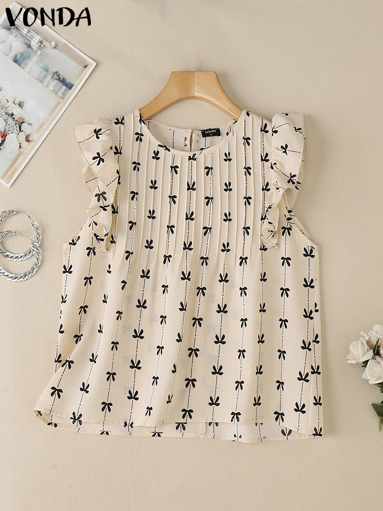 VONDA Women Blouses Fashion Ruffles Blusas Summer Bow Print Shirt Streetwear Party Tops Oversize Loose Tunic S-3XL
