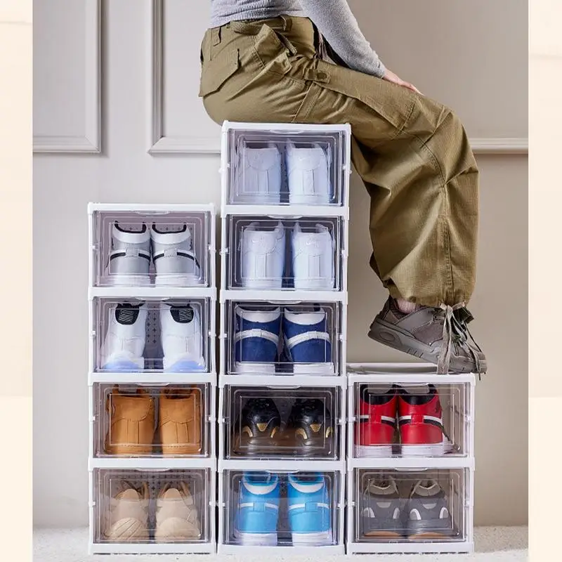 Shoe Boxes 3 Layer Clear Shoe Boxes Stackable Shoe Storage Boxes Foldable Easy Installation Shoe Box with Doors