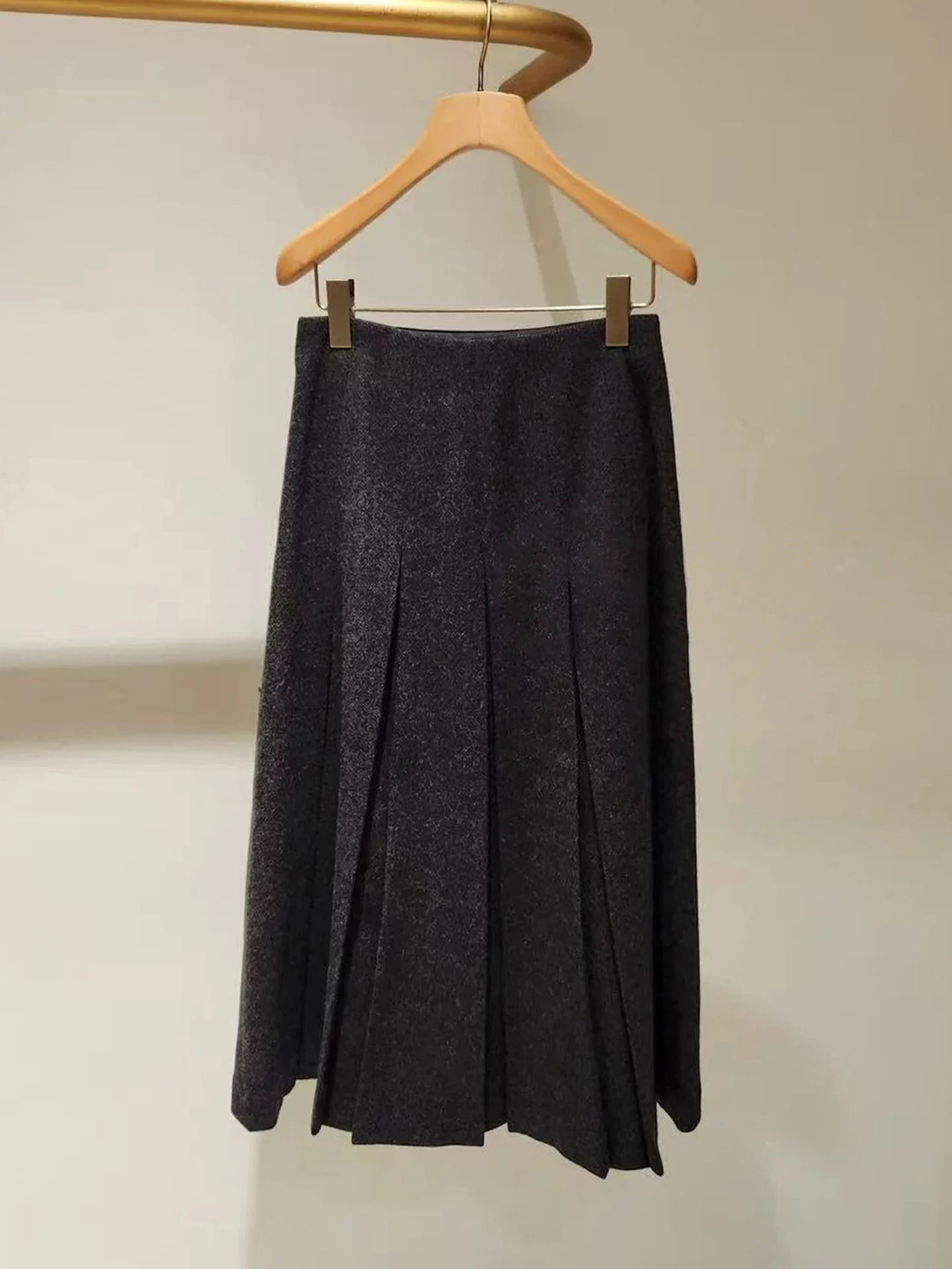 Długa wełniana spódnica w kratę dla kobiet, jesienno-zimowa, w stylu uniwersyteckim, do ziemi, składana, prosta, do pracy, z wysokim stanem, w kształcie litery A.