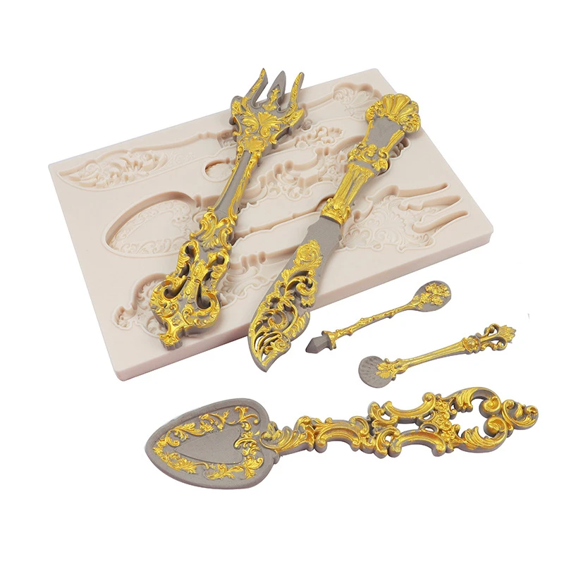 Vintage Tableware Silicone Mold Baroque Fork Knife Spoon Fondant Mould For Chocolate Cake Decoration Topper Polymer Clay Art