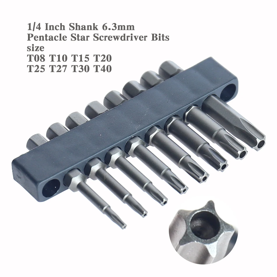 Embouts de tournevis à tête d'étoile pentacle magnétique de 1/4 pouces, embout de tournevis électrique pentalobe, outils à main, T10-T40 de longueur de 25mm