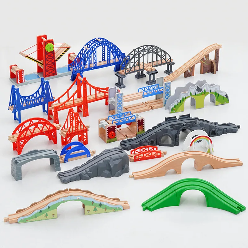 Wooden Accessories Beech Turntable Bridge Tunnel Urban Rail Overpass Traffic Car Toys set Combined Train Rail Track blocks