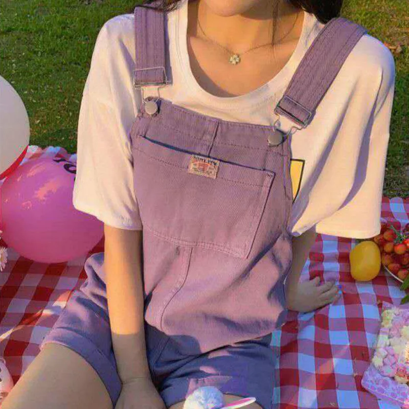 Rompers Women Purple Pink Suspenders Denim Vacation Sweet Girls Cute Korean Style Overalls Femme Clothing Lovely Lady Fashion