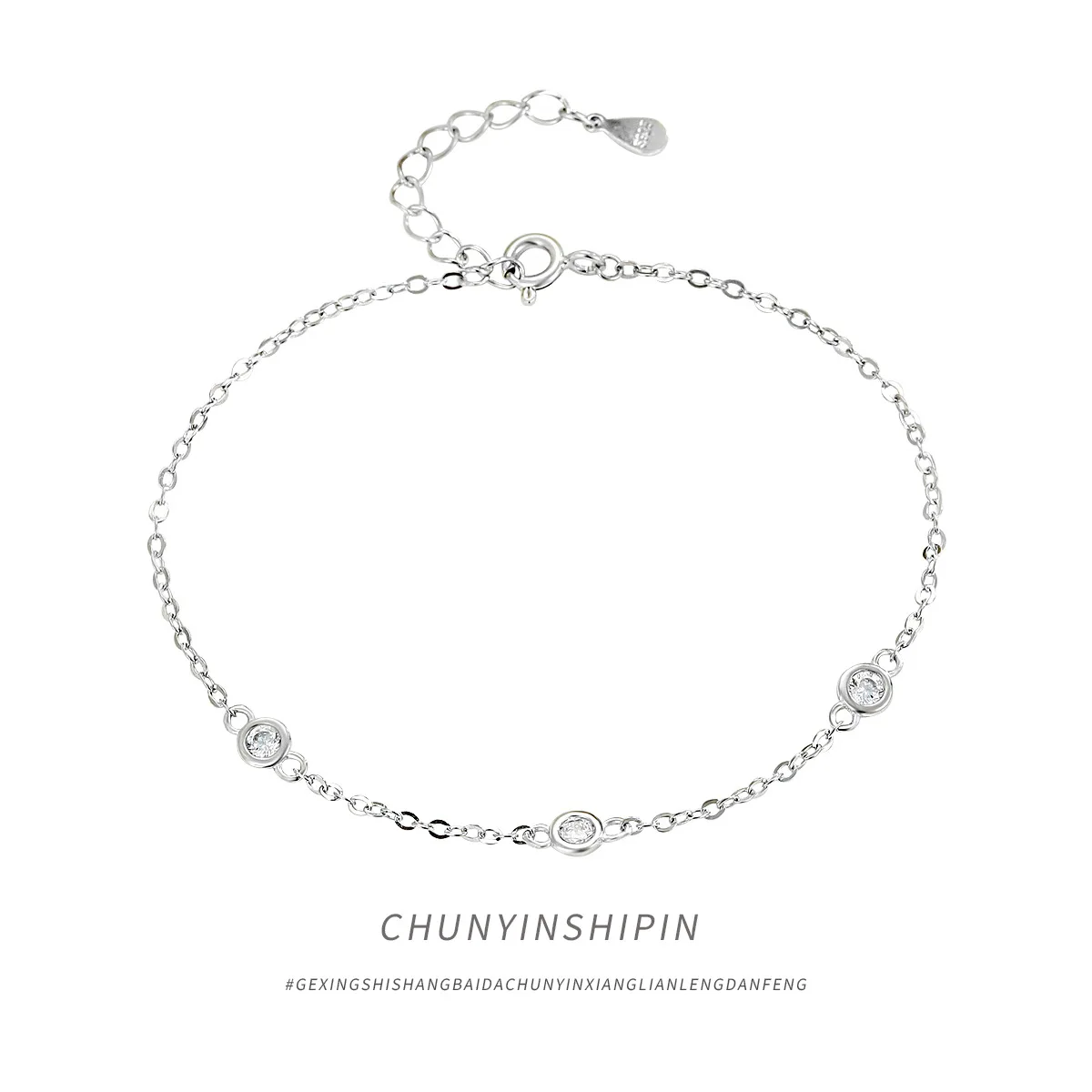 

S925 Sterling Silver Minimalist Bubble Bracelet with 3 Diamonds Trendy Women Jewelry