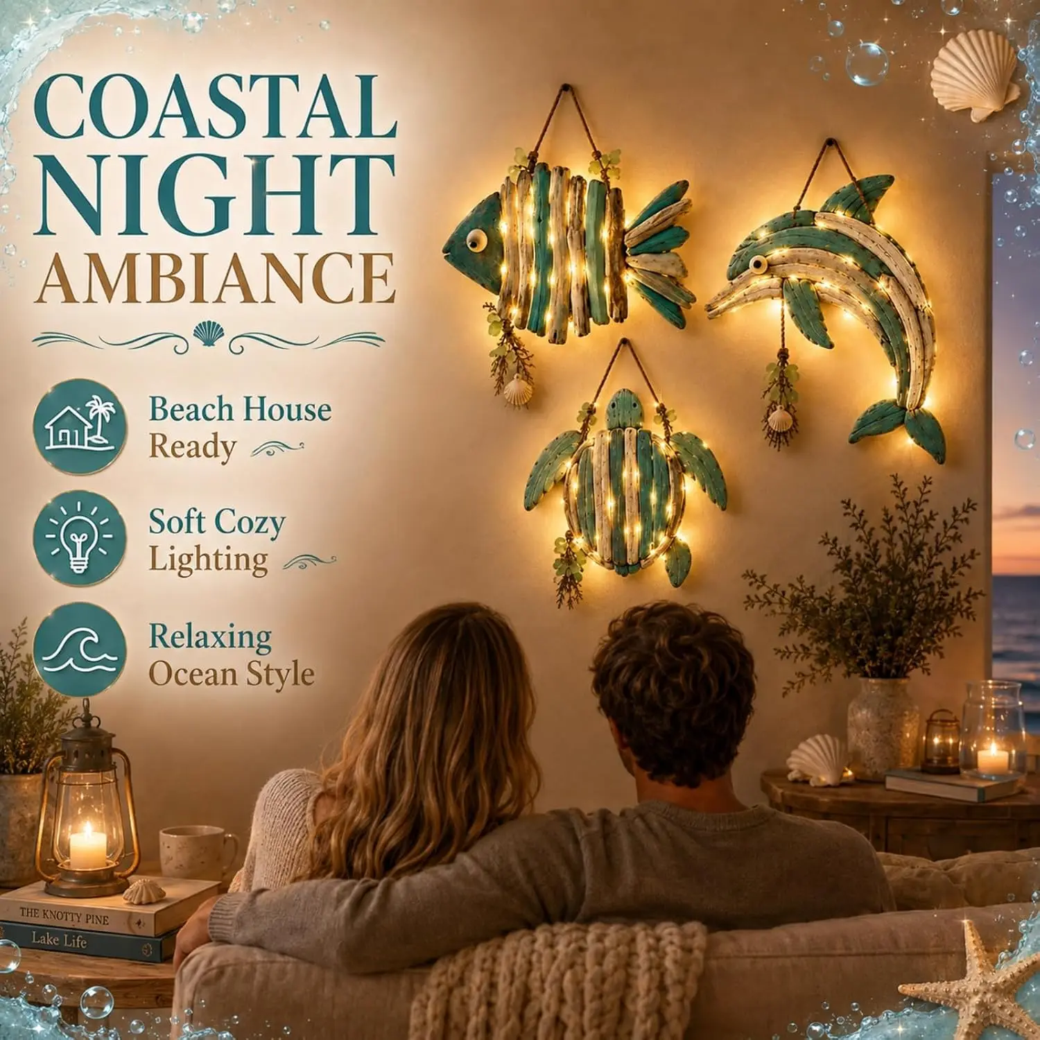 Lighted Coastal Starfish & Fish Wall Decor, Warm LED Nautical Art