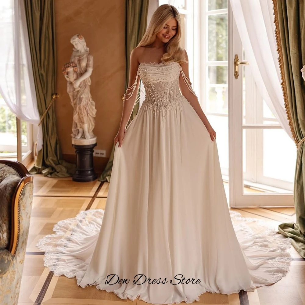 夢のような A ライン シフォン ウェディング ドレス セクシーな恋人 オフショルダー ローブ ド マリエ カスタマイズされた繊細なレース ビーズ ブライダル ガウン