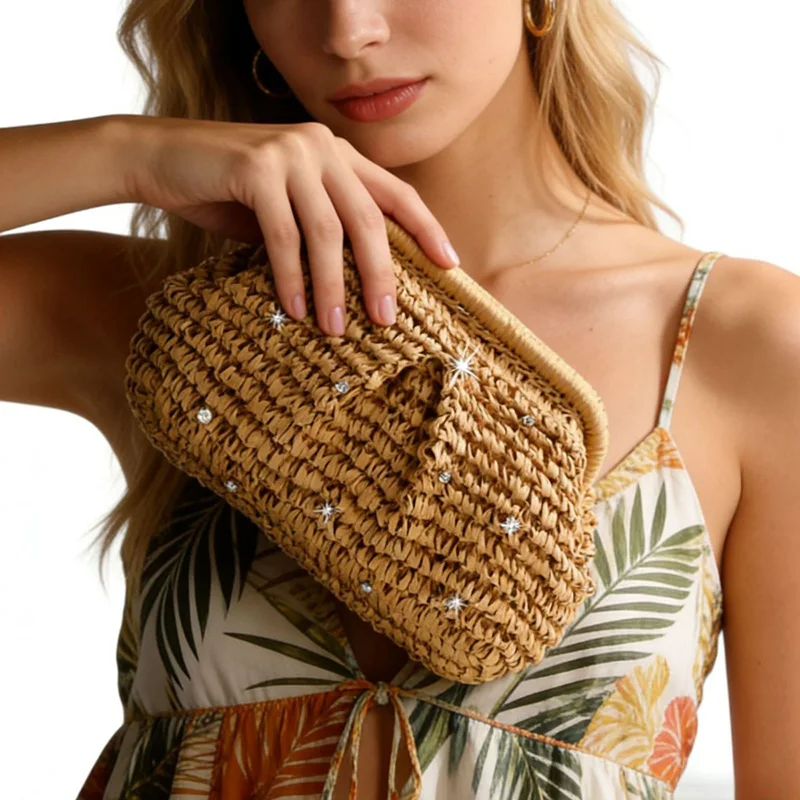Handmade Diamond Inlaid Clip Mouth Hand-held Bag Bohemian Hand-held Bag Paper Rope Woven Straw Bag Beach Vacation Beach Bag