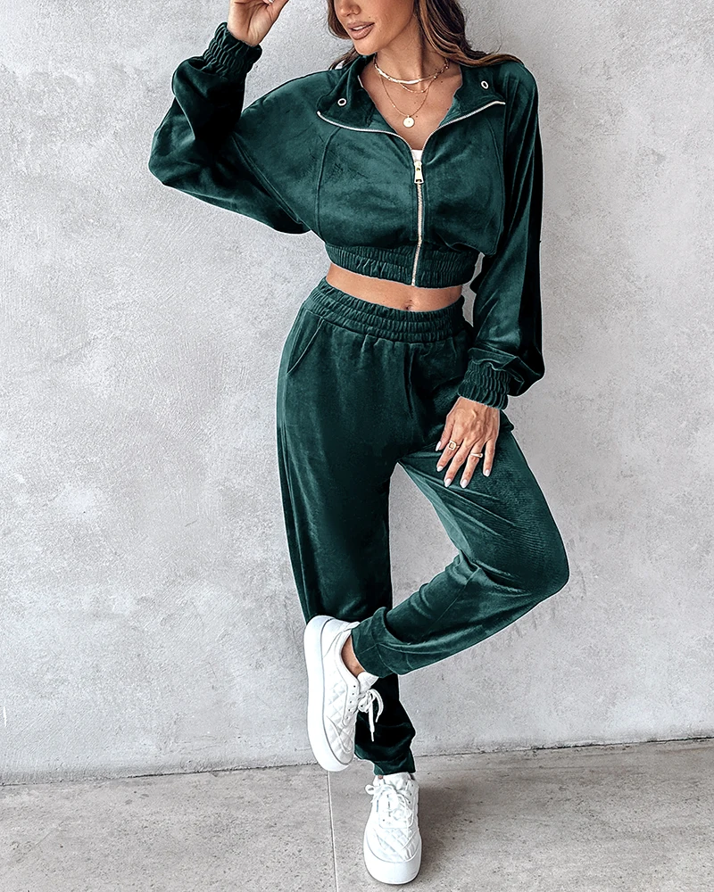 Women's Two Piece Casual Commuting Solid Velvet Zipper Decoration Long Sleeve Sweatshirt Tops and High Waist Crop Pants Set