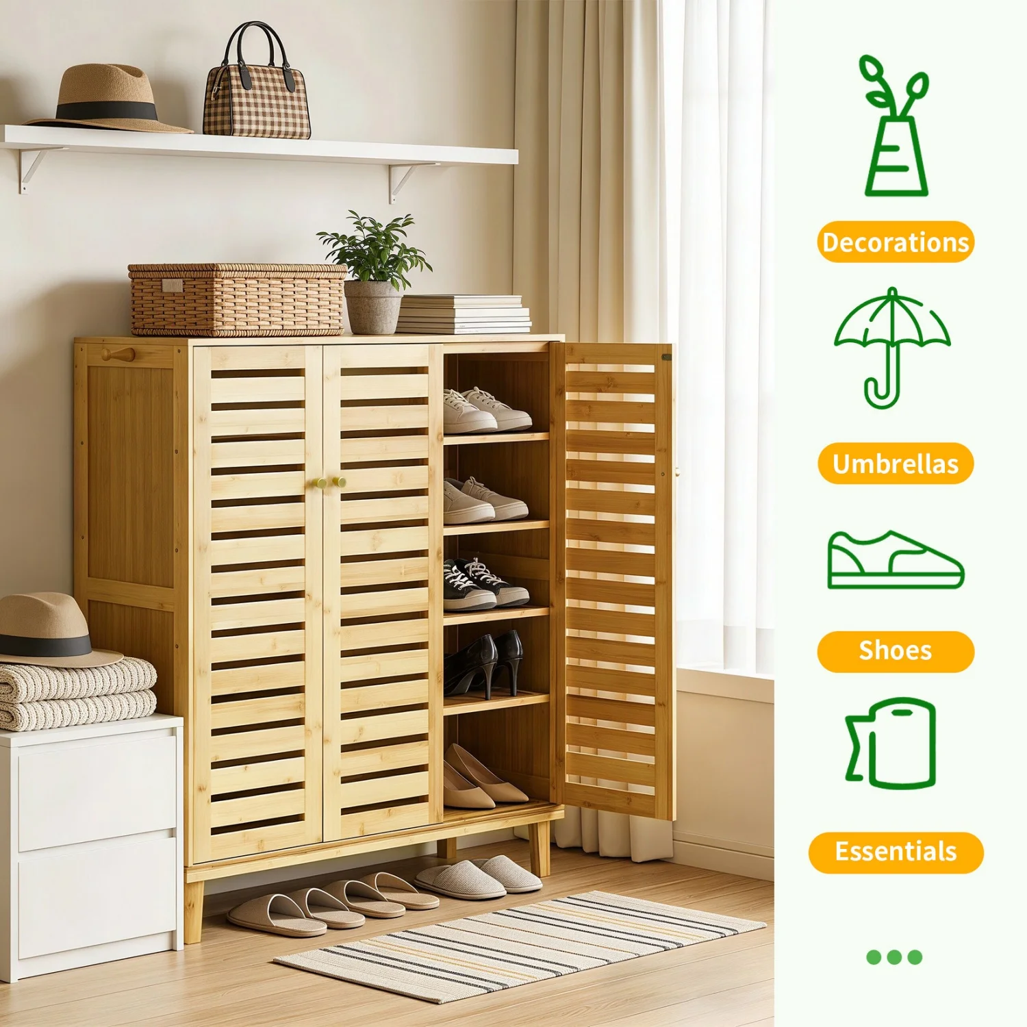2 Or 3 Doors Bamboo Shoe Storage Cabinet 5 Tiered Shelves Organizer Rack for Entryways Hallways with Ventilated Slatted