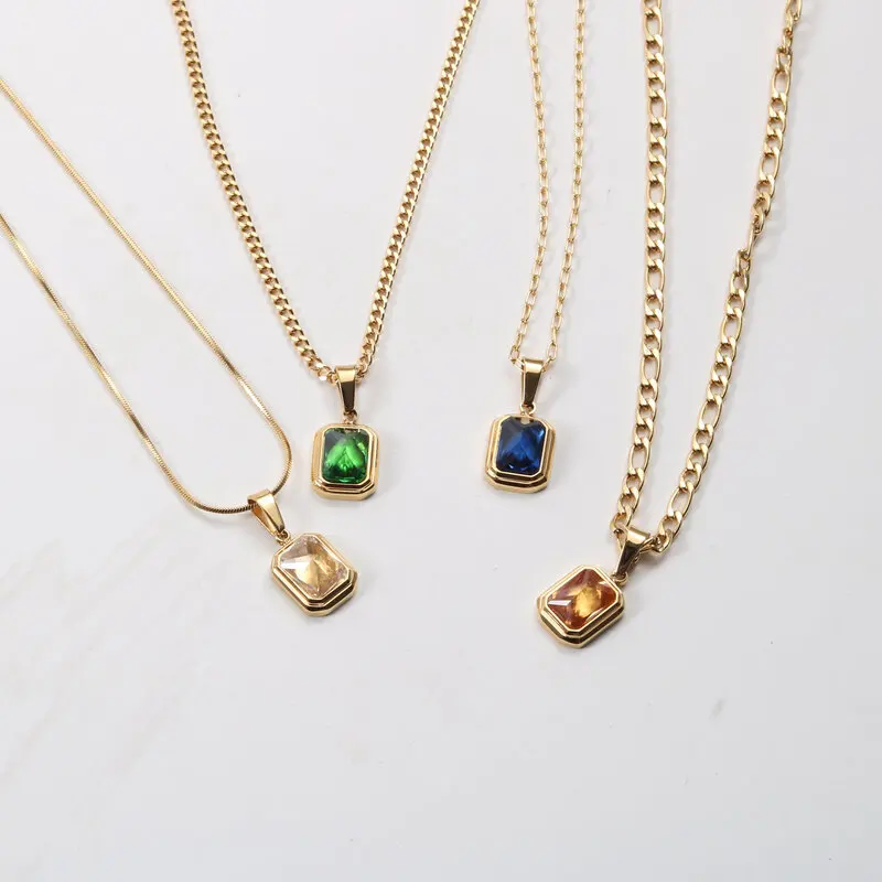 

INS Minimalist Green Multicolor Cubic Zirconia Square Pendant Necklaces For Women Gold Plated Stainless Steel Charm Collar Gift
