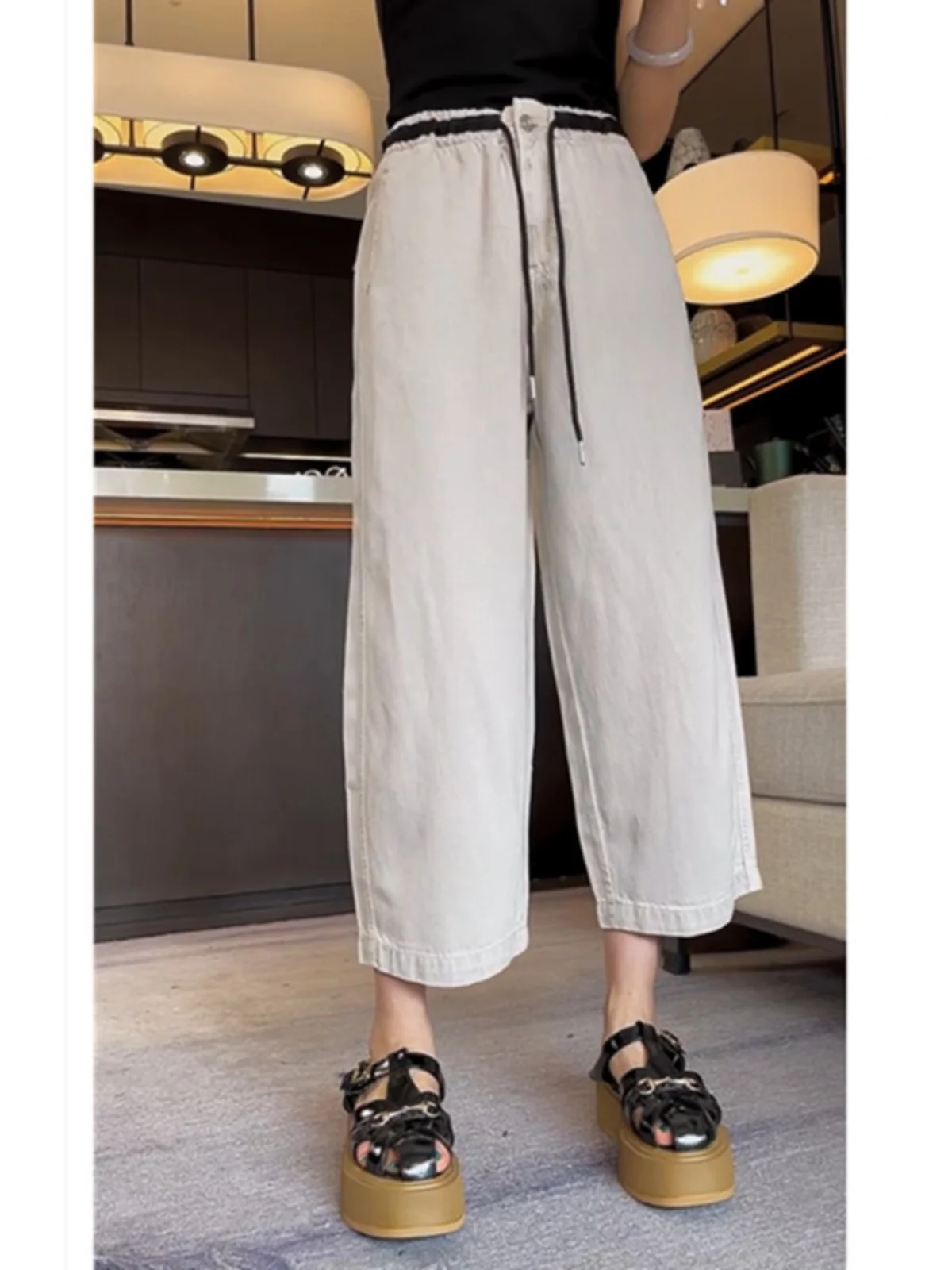 

Свободные джинсы с высокой талией и прямыми штанинами для женщин больших размеров, осенние новые брюки-бананы из девяти предметов, утягивающие широкие брюки