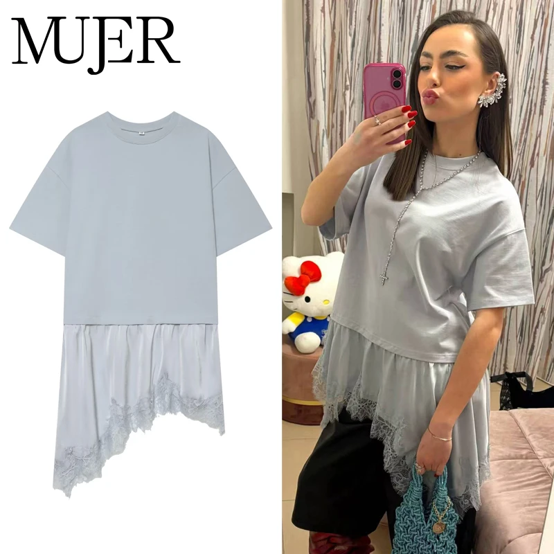MUJER Spitzen-T-Shirt für Damen, asymmetrisches Polo-T-Shirt für Damen, Patchwork, Sommer, lässige Damenblusen, kurzärmelige Tanktops für Damen