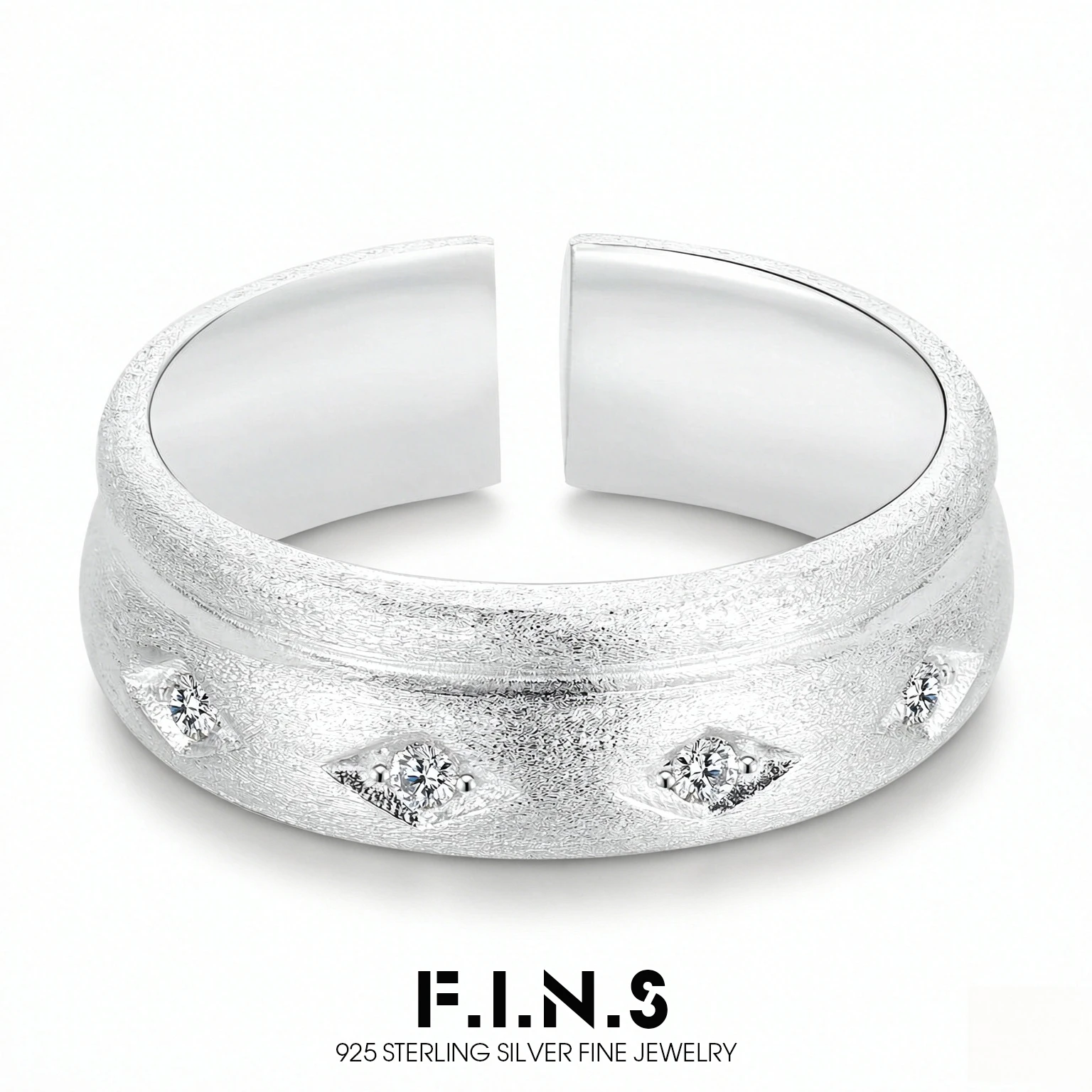 F.I.N.S 925 Sterling Silver Bushed Geometry Ring for Women Texture Zircon Open Wide Adjustable Finger Jewelry Prevent Allergy
