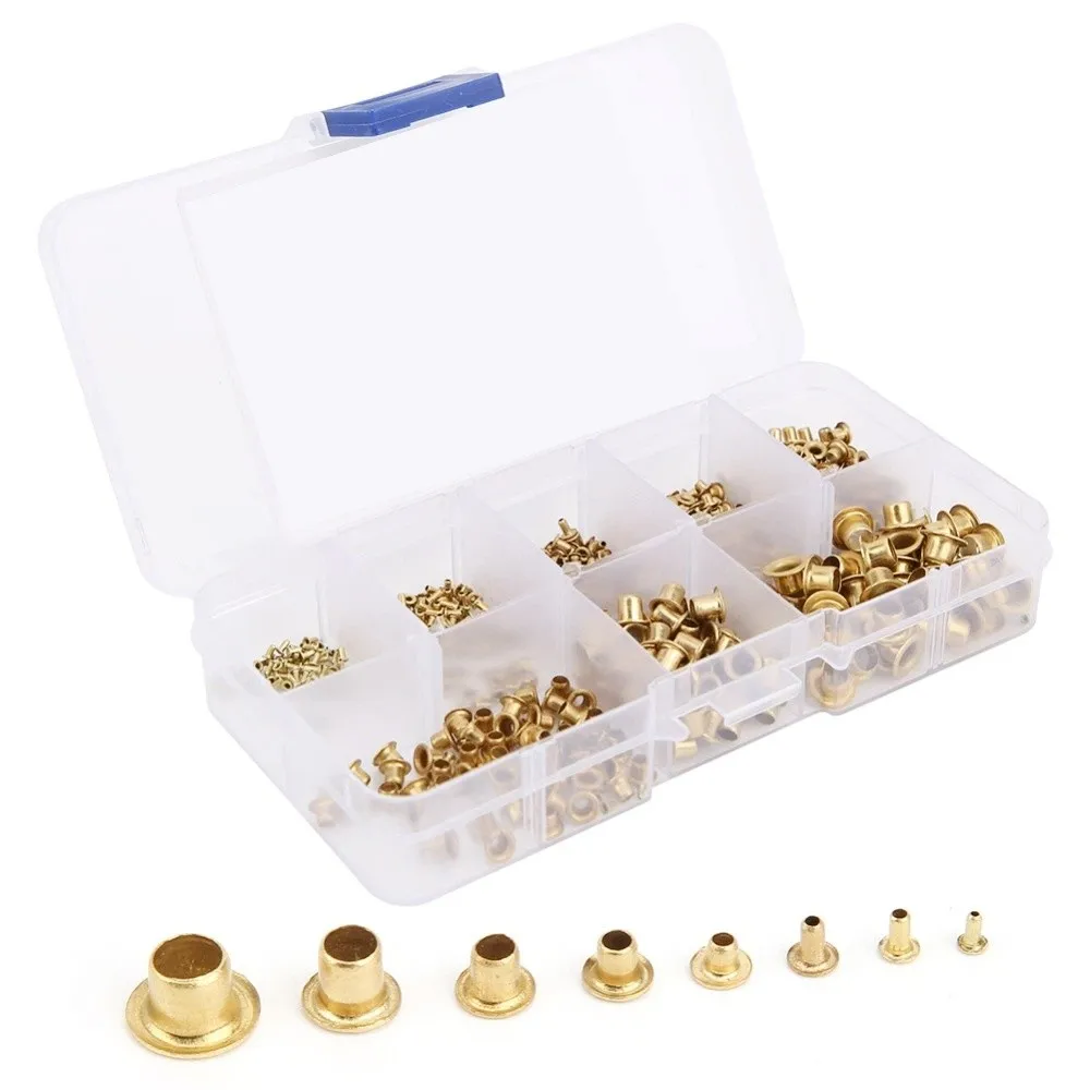 650 PCS Hollow 8 Sizes Leather Rivets Kit Brass Gold Brass Eyelets M0.9-M5 Binding Screws for Leather Craft and Bookbinding