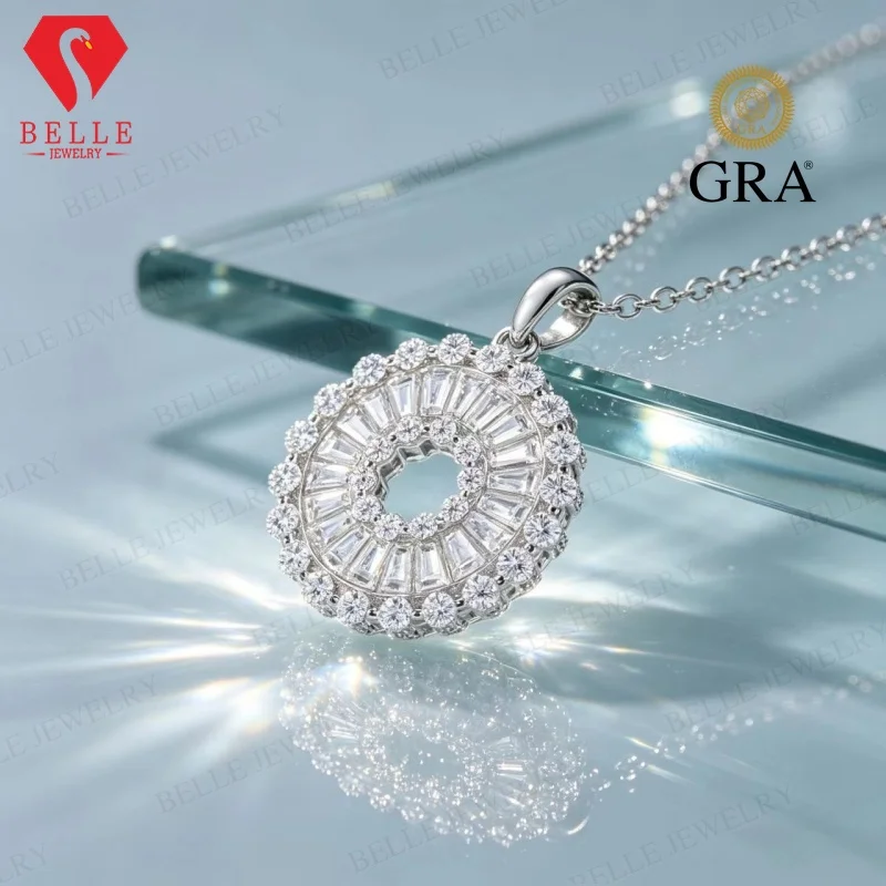 Moissanite Pendant Baguette Round Halo Circle Necklace 925 Silver Anti-Allergy Women Necklace Daily Commute High Grade Jewelry