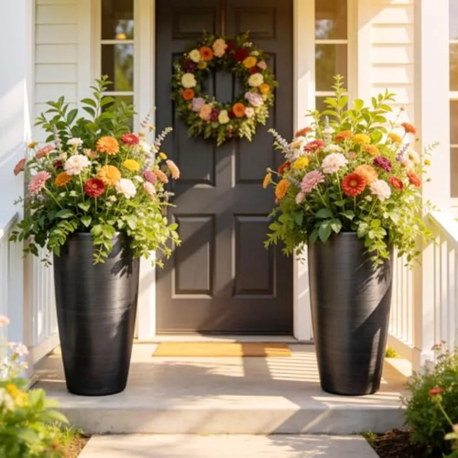 

Outdoor/indoor planters set of 2 22.8 tall high-density resin brushed gray finish UV-resistant and frost-proof with drainage ho