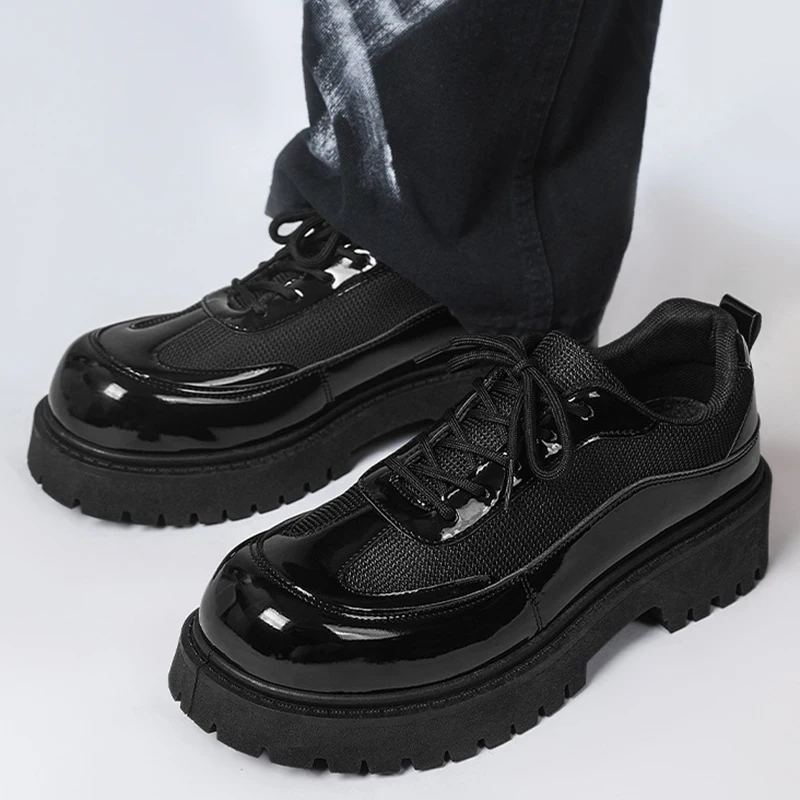 

Обувь из искусственной кожи, мужская деловая официальная повседневная обувь, студенческая обувь на толстой подошве со шнуровкой и круглой головкой, нескользящая удобная уличная обувь
