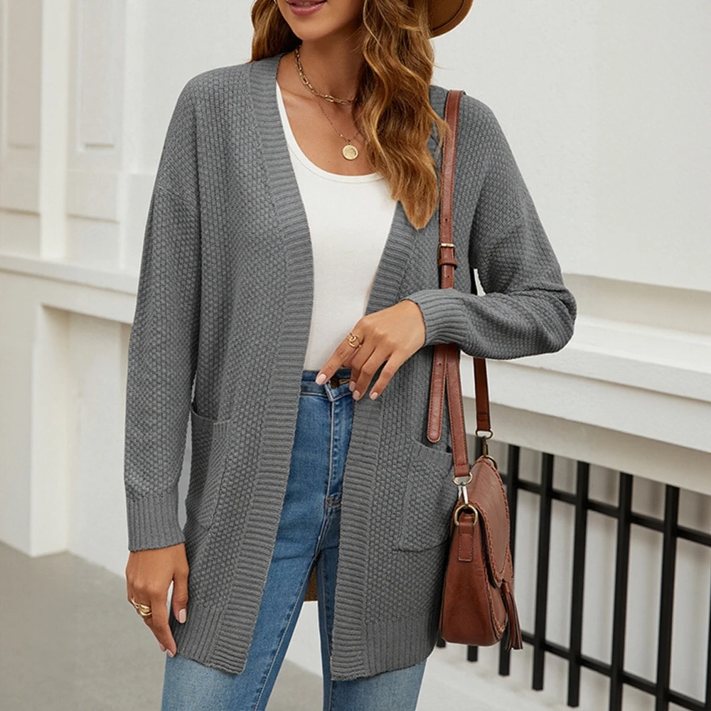 

Женские осенние кардиганы, удобные однотонные вязаные в рубчик с длинными рукавами и v-образным вырезом, открытая передняя часть, повседневная базовая модная верхняя одежда