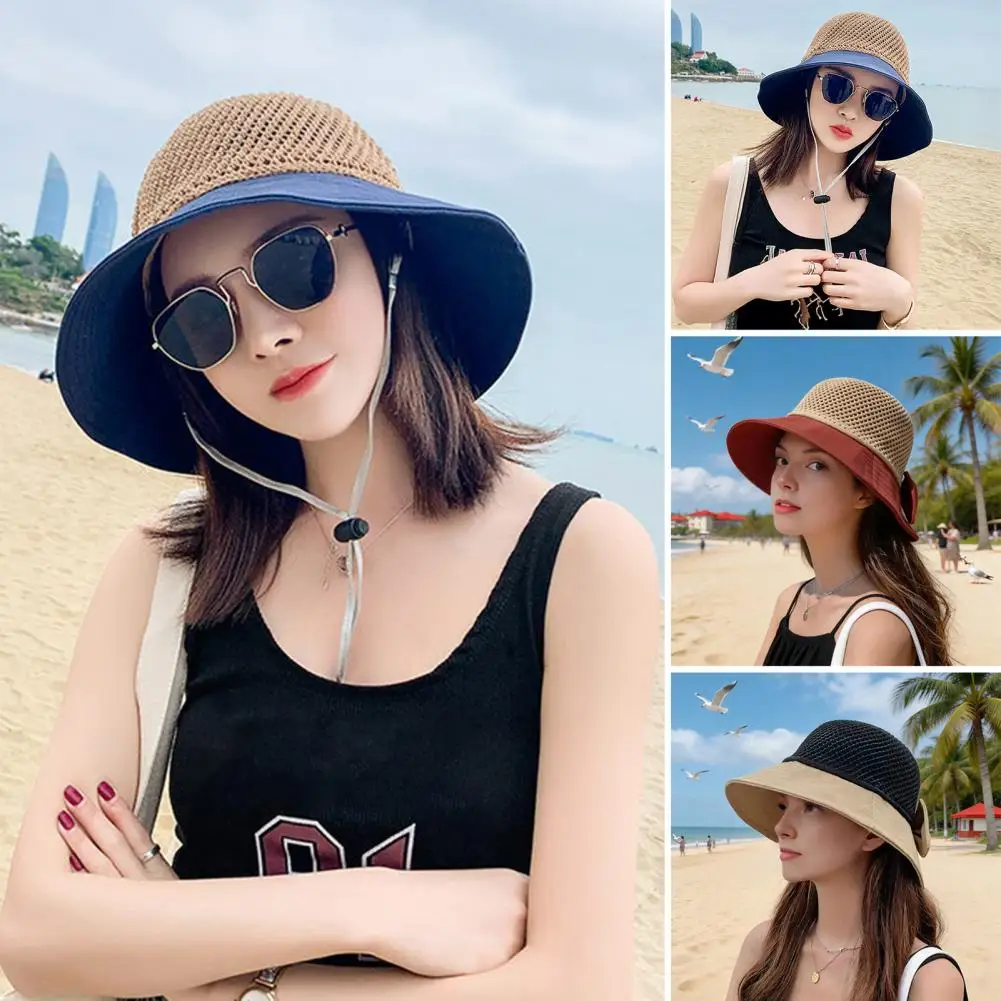 French Style Bowknot Hat Wide Brim Straw Hat Women's Crochet Sun Hat with Bowknot Hollow Woven Wide Brim Beach for Outdoor