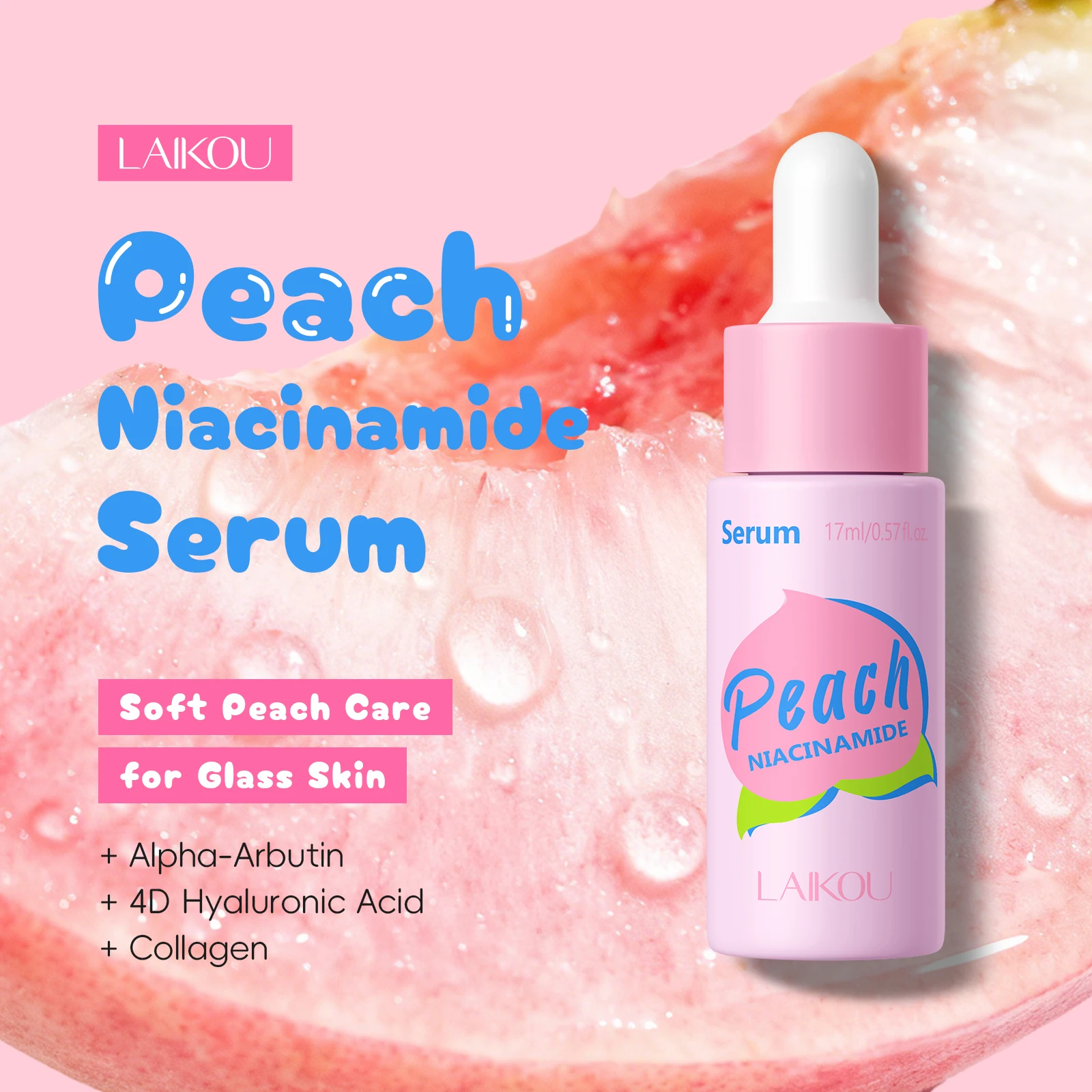 LAIKOU Peach Niacinamide Serum 17ml Long-Lasting Hydration Firm Elastic Illuminate Uneven Complexion Face Care