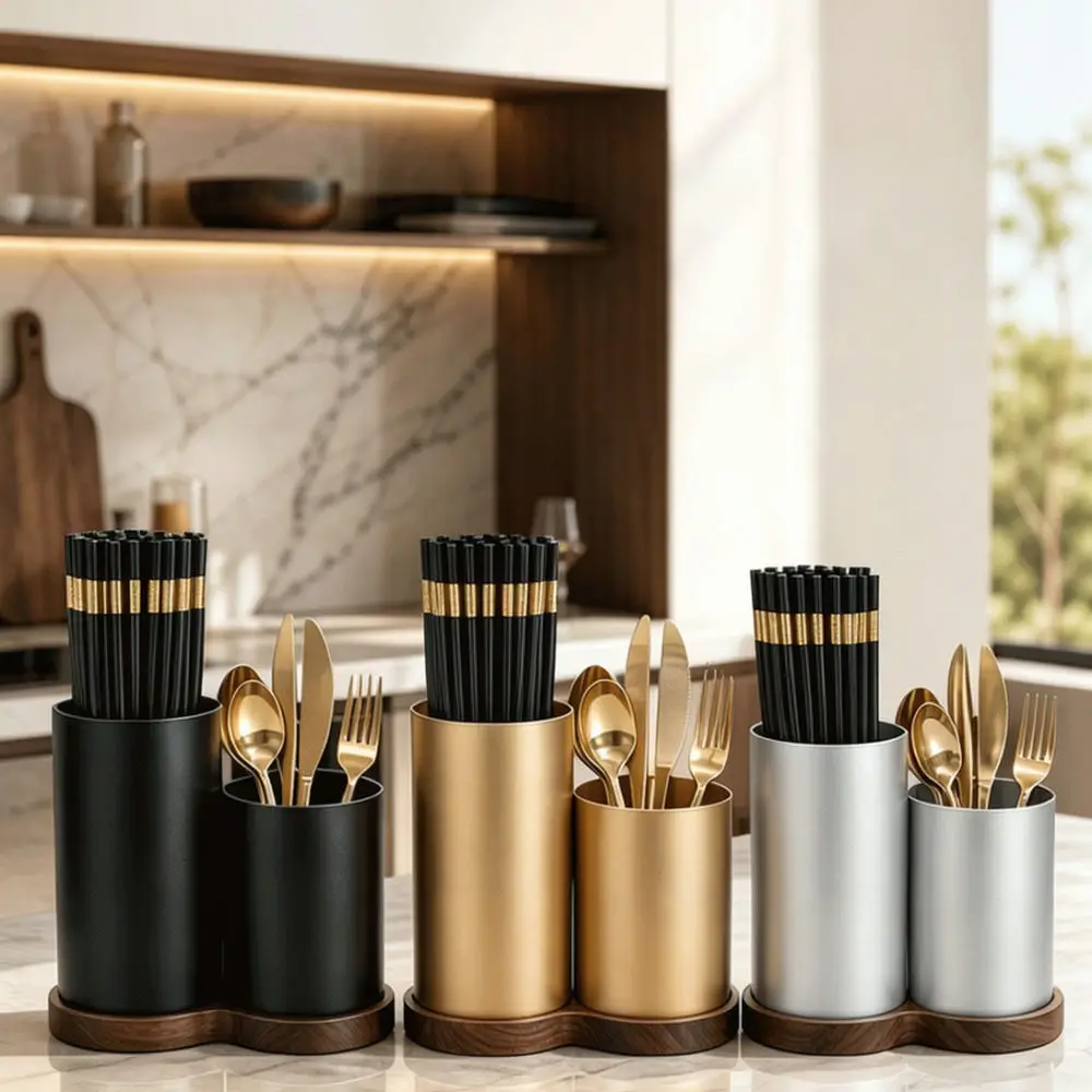 Premium Cutlery Organizer Kitchen Drainer Rack Ebony Wood Space Aluminum Holder For Chopsticks Spoon Fork Storage