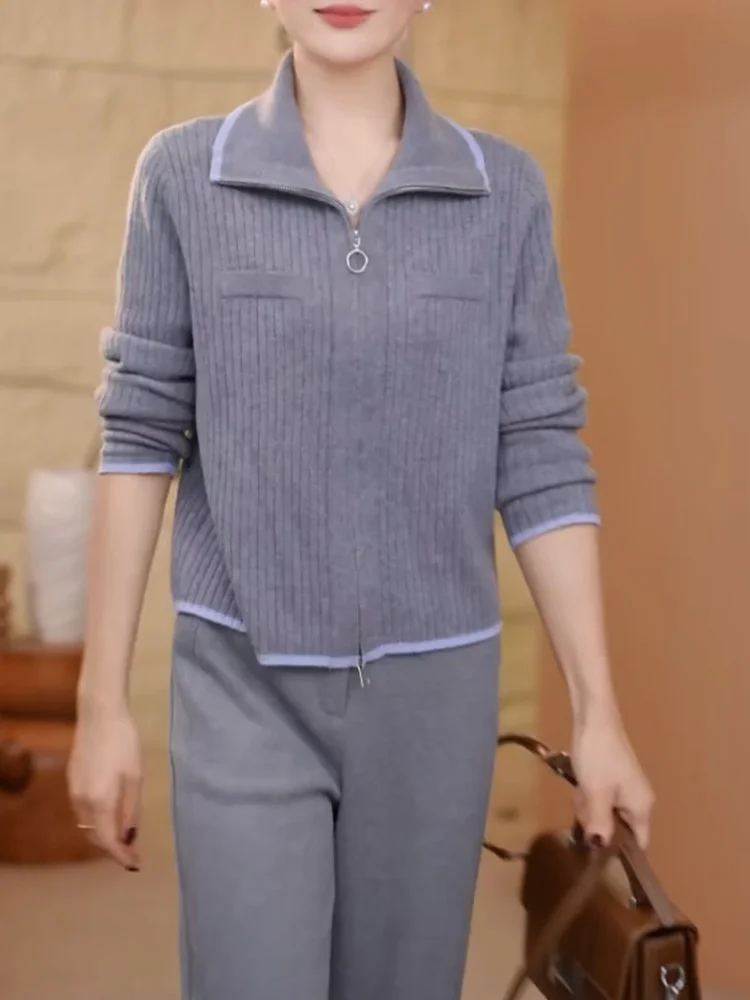 

Модный кардиган оверсайз с двойной молнией, простой дизайн, длинный рукав, отложной воротник, вязаный топ, теплый, термо, в корейском стиле