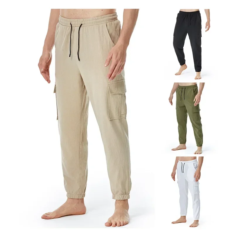 

2023 Spring New Large Men's Casual Solid Cotton Hemp Loose Lightweight Elastic Leggings Pants