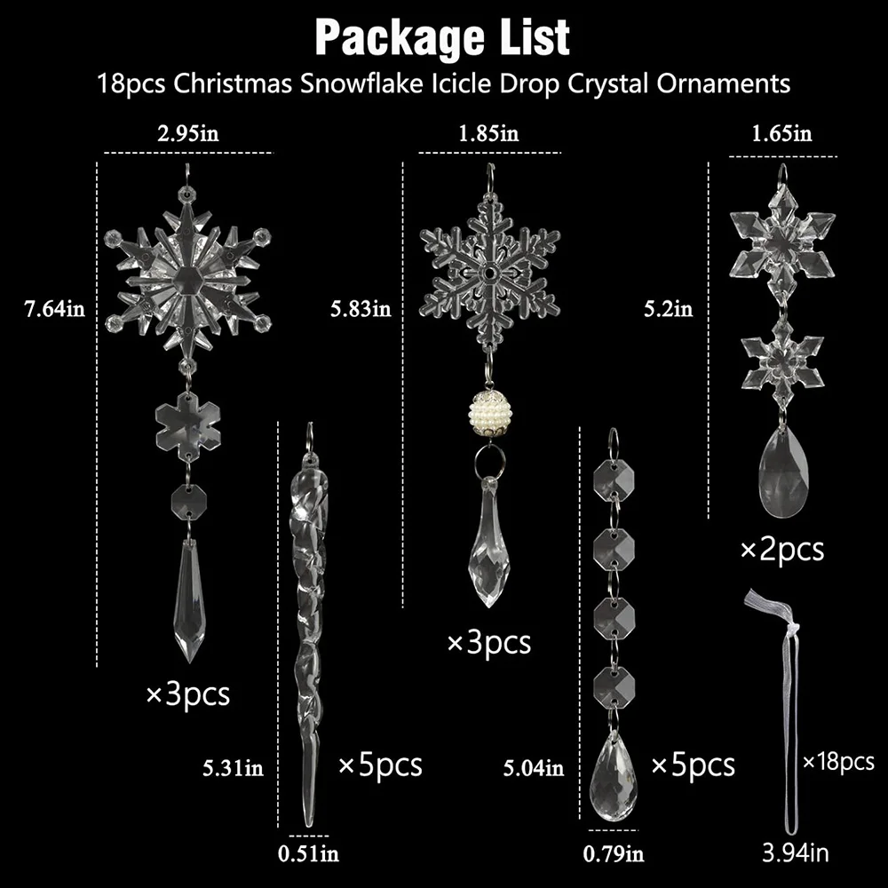 18/36/54 Pcs Christmas Tree Decoration Crystal Ornaments Hanging Acrylic Snowflake Icicle Drop Ornaments Christmas Winter Decor