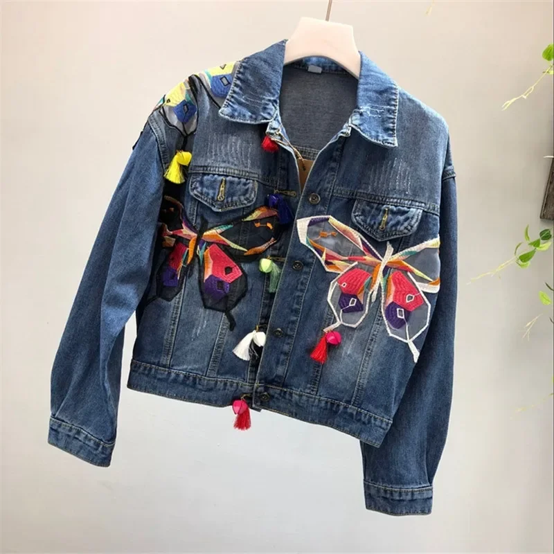 2024 Autumn Women Denim Jacket  Heavy Industry Embroidery Applique butterfly Jeans Jacket Coats Tassel Short Jacket Outerwear