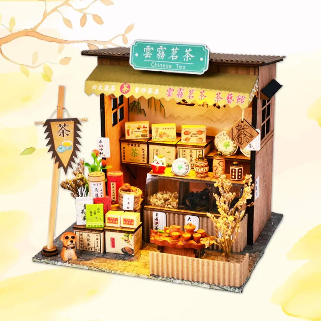 Puppenhaus-Miniatur mit Möbeln, DIY-Holzpuppe, kreatives Tagesgeschenk im Maßstab 1:24 – Teehäuse