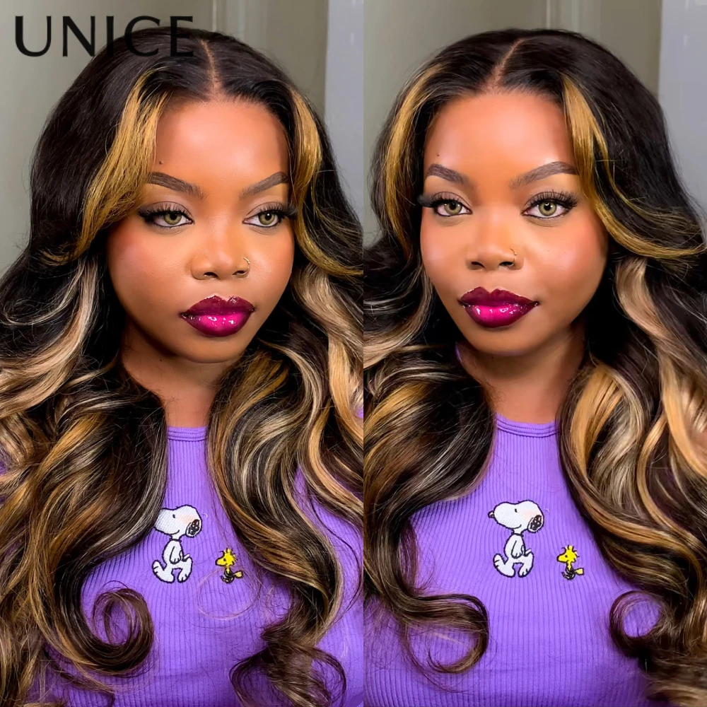 UNICE Блондинка Мелирование Коричневый Свободный Волнистый Парик С Челкой 7x5 Предварительно Срезанный Предварительно Отбеленный Бесклеевой Парик Человеческие Волосы ReadyToGo