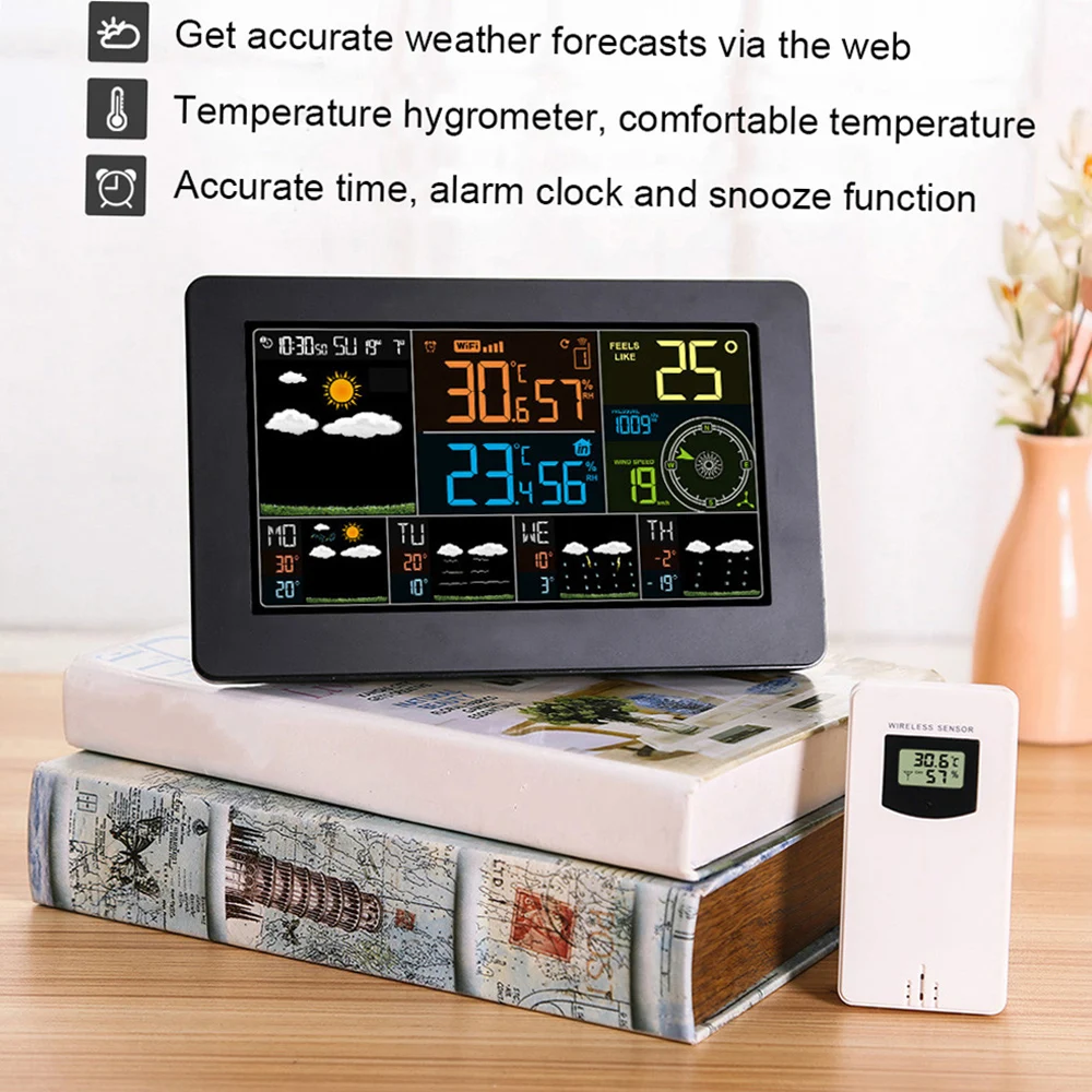 WiFi Smart Weather Station Indoor Outdoor Temperature Humidity Barometric Wind Speed Display APP Control Multifunctional Clock