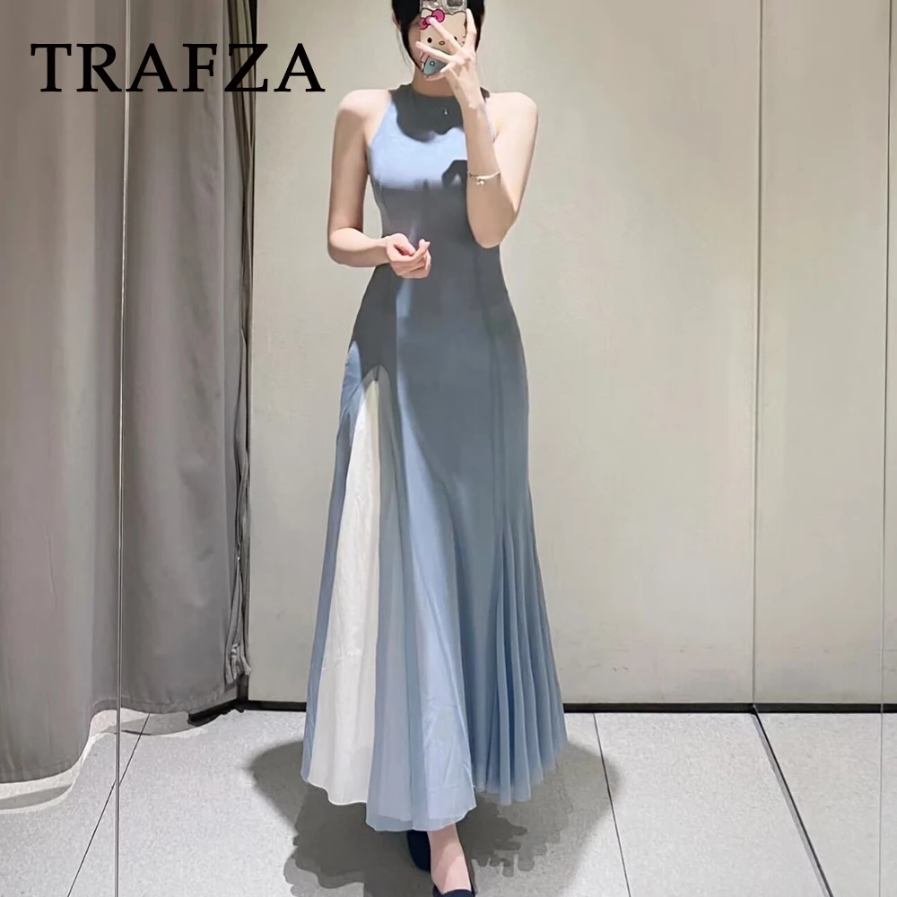 

TRAFZA Chic Blue Birthday Woman Long Split Dress Sleeveless Sheath Party Elegant Mujer Dress Fashion 2025 Spring Mujer Vestidos