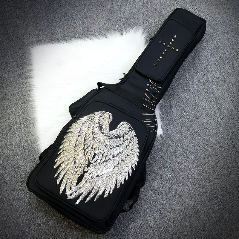 Punk Angel Wing Embroidered Guitar Bag, Thickened Shockproof Backpack, Electric Guitar Bass Case for Music Performance Storage