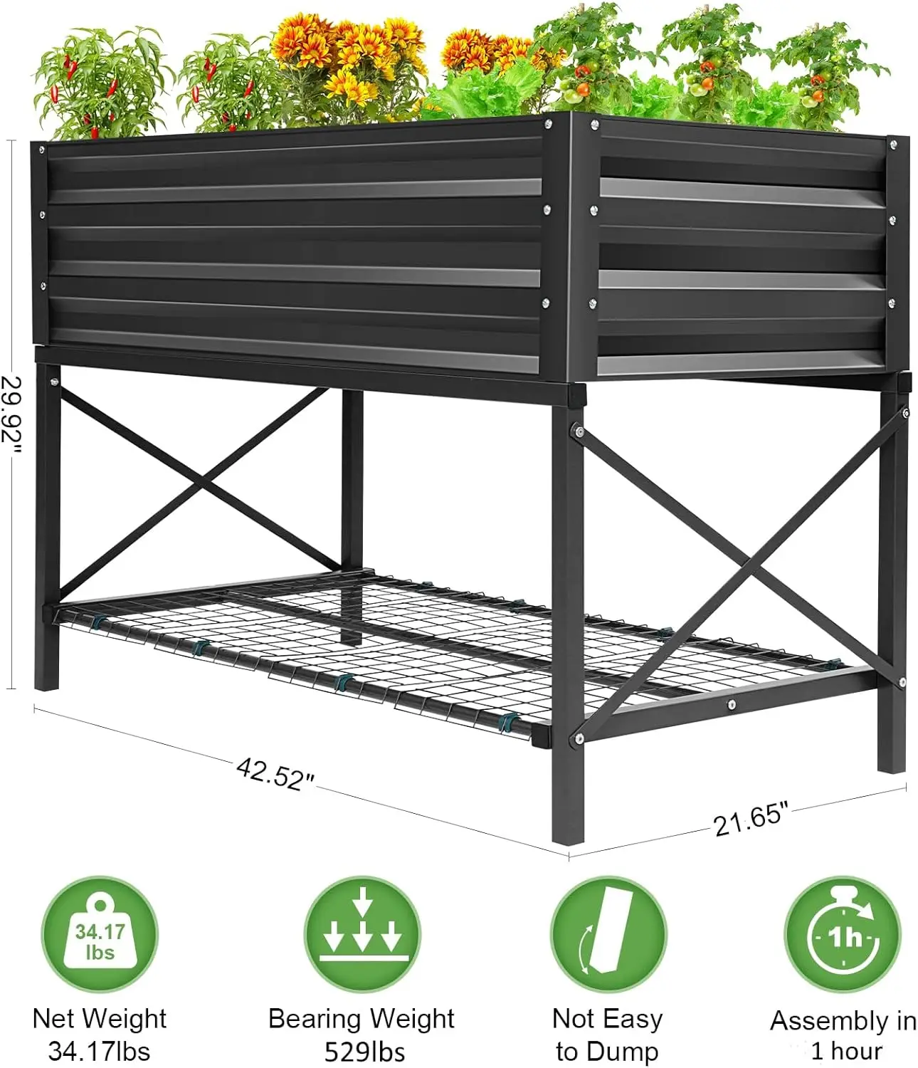 収納棚と保護ライナー付きの高床式プランターボックス