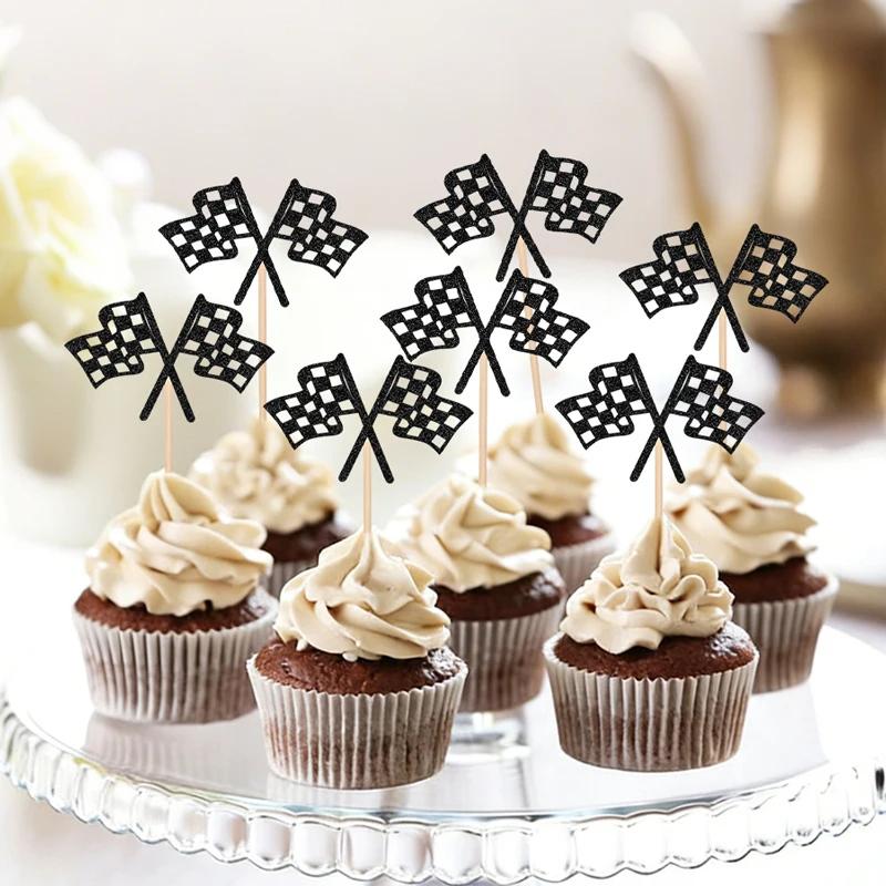 NUBECOM 24 pièces Décorations de gâteaux d'anniversaire, Toppers de cupcakes à drapeaux de course à carreaux, Pics à cupcakes à paillettes, Drapeaux de voitures de course