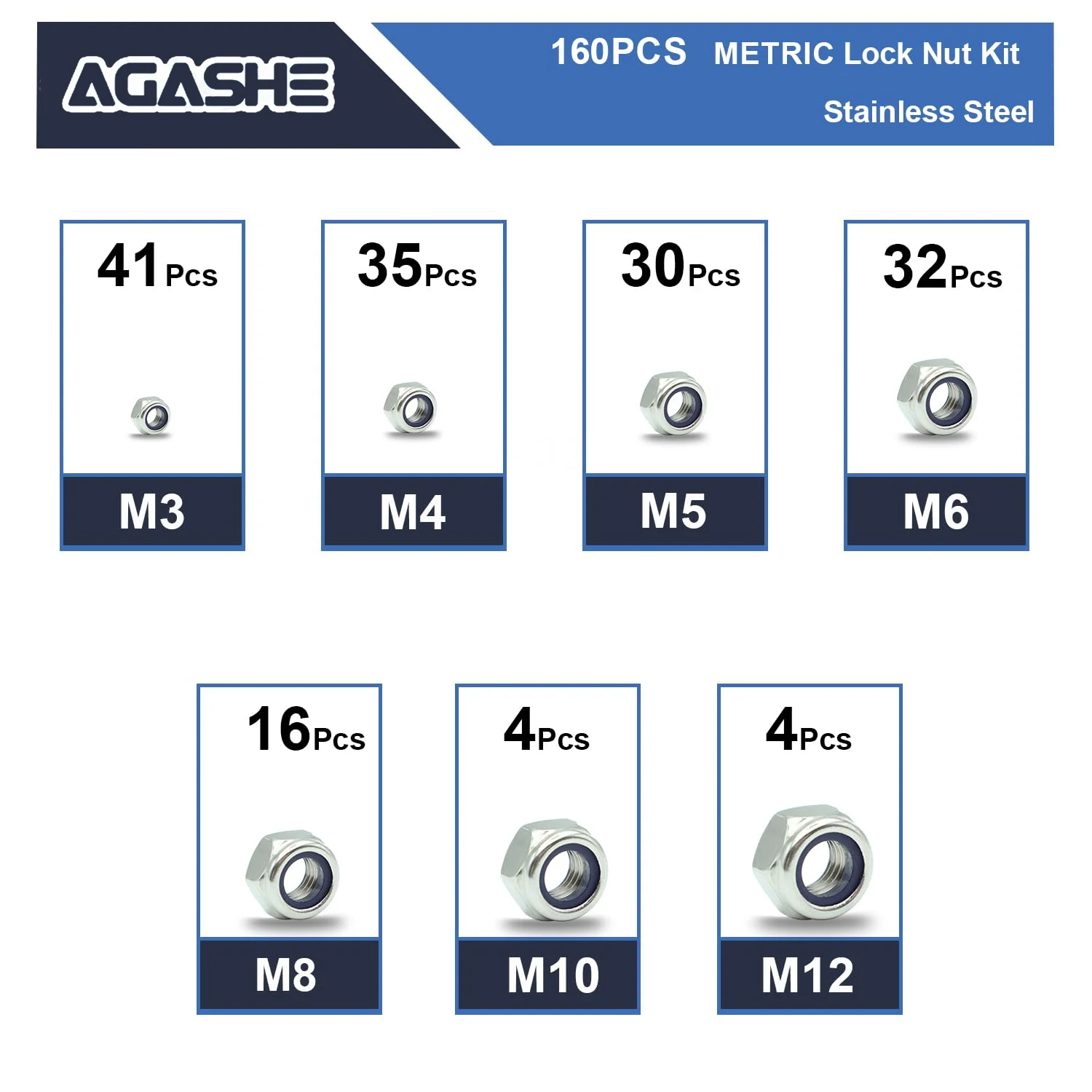 160Pcs Nylock Lock Nuts Kit M3 M4 M5 M6 M8 M10 M12 Stainless Steel A2-70 Self Locking Nuts for Furniture Automotive Machinery