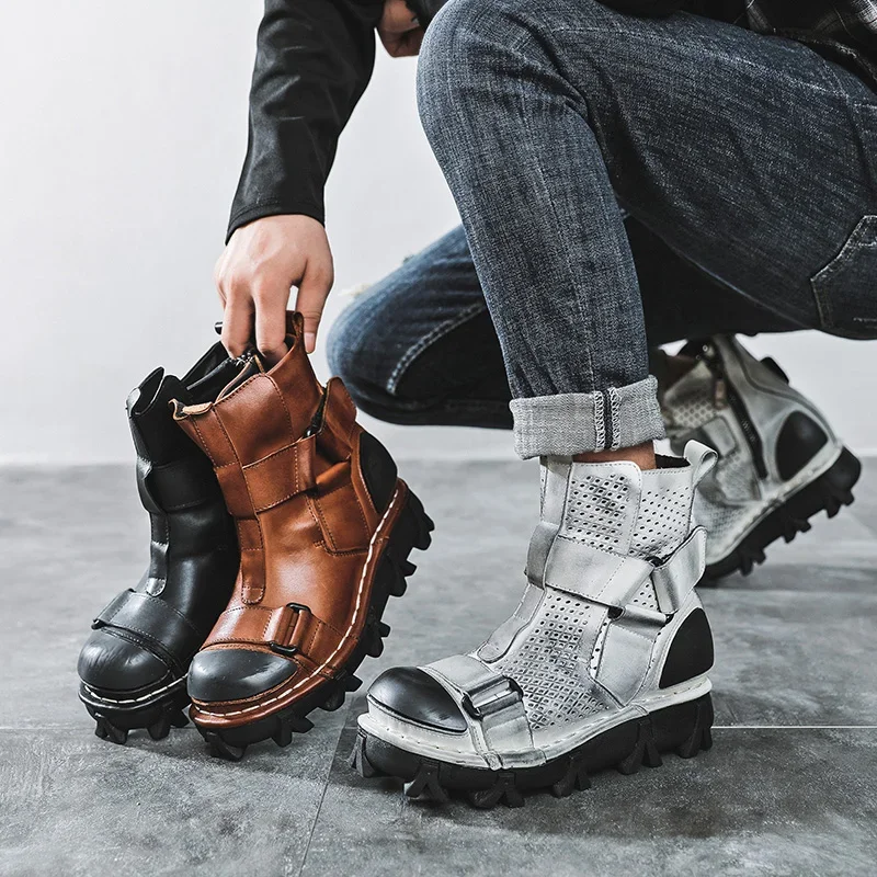 Menโs Genuine Leather Motorcycle Boots,Skull Punk Platform Boots Goth ,Western Cowboy Mid-calf Tactical Boots Work & Safety Shoe