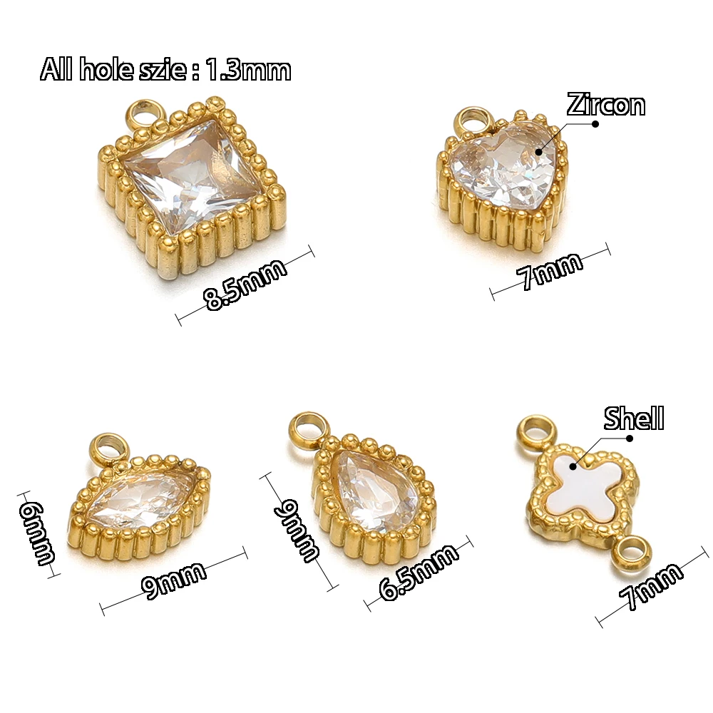 5pcs Stainless Steel Small Heart Square Zircon Drop Necklace Cross Charms for DIY Women Necklace Bracelet Jewelry Earring Making - Detail 1