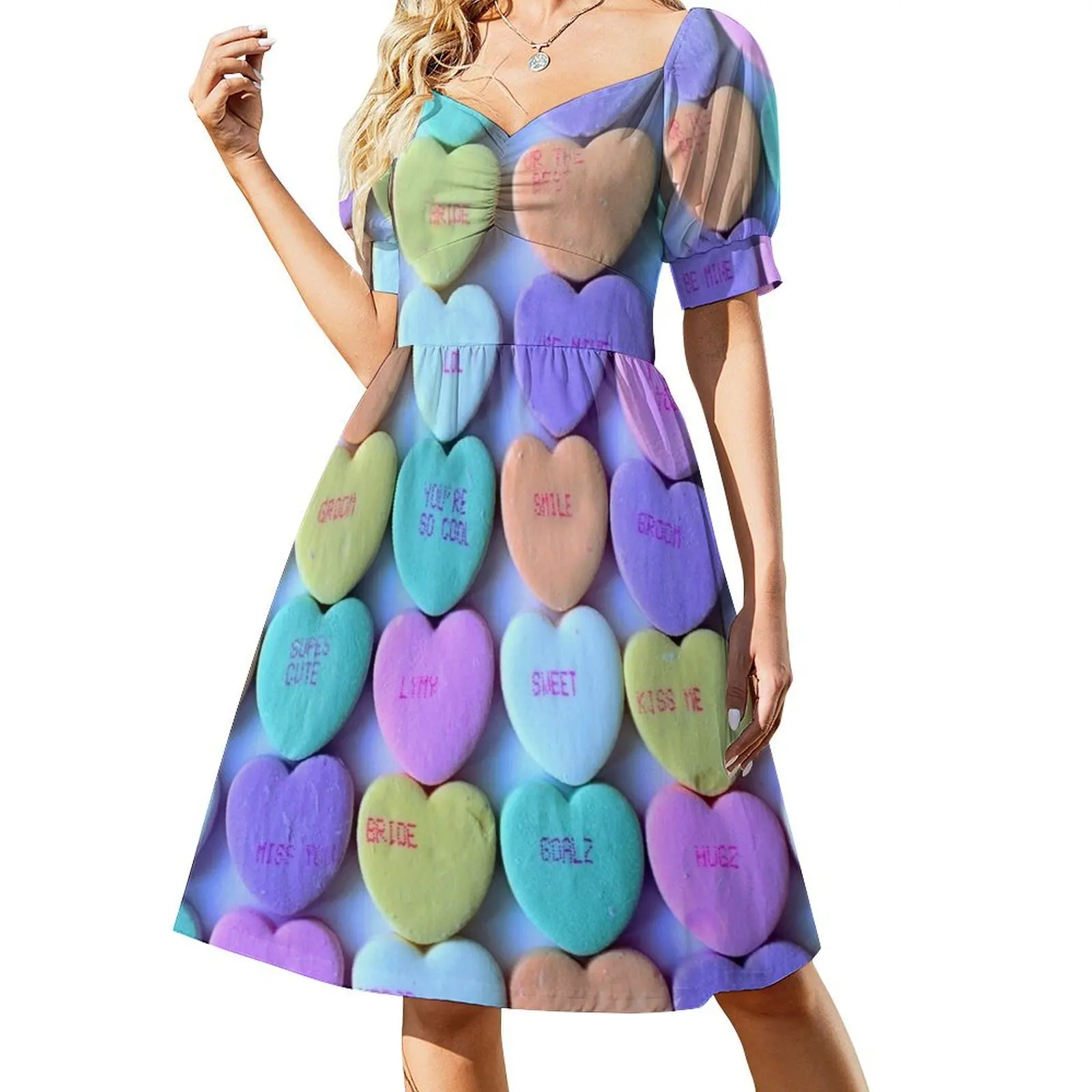 

Tiny Conversation Hearts Pattern. Candy Background Short Sleeved Dress dresses for womens Female dress Dress