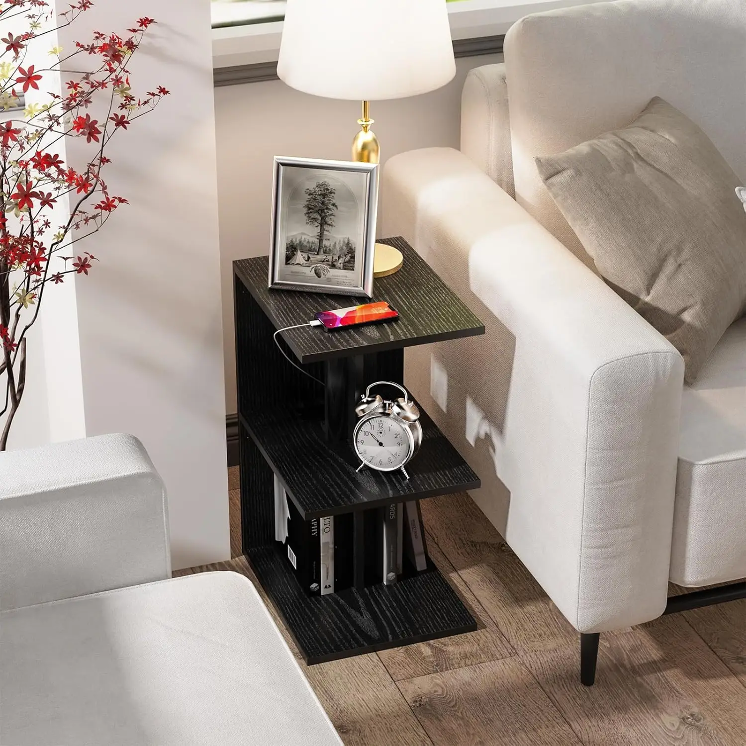 

Side Table with Charging Station, 3 Tier Narrow Nightstand, End Table with USB Ports and Outlets for Small Spaces