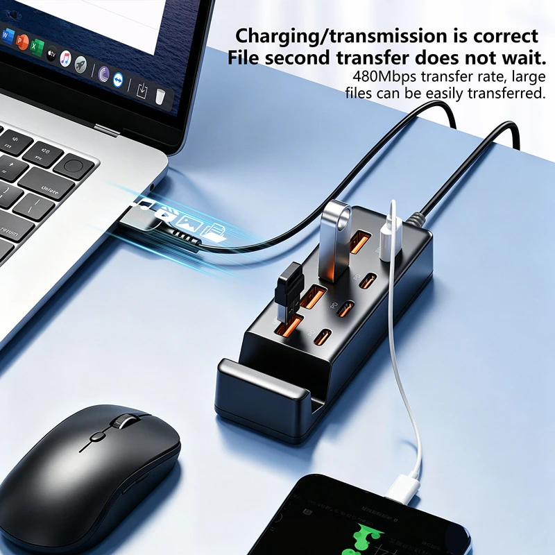 8 Ports USB Hub with Phone Stand 4 USB A 4 Type C PD Charging Station for Laptop PC Tablet 480Mbps Data transmission