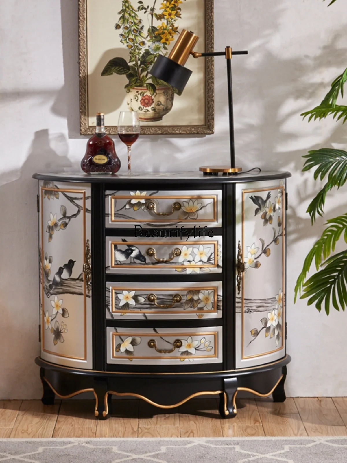 French new Chinese silver semi-round entrance cabinet hand-painted gold solid wood decorative cabinet